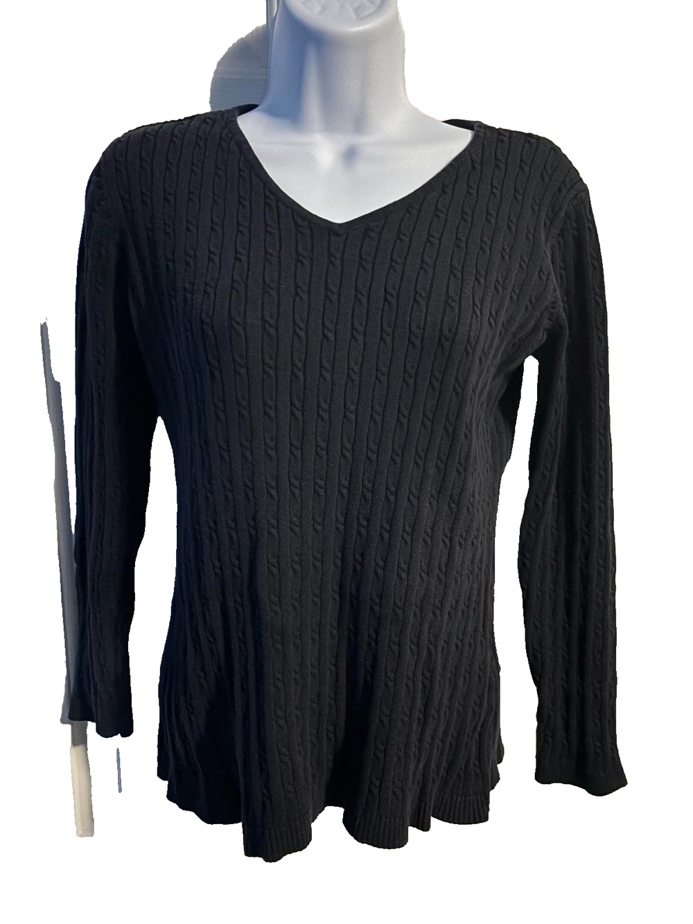 Bobbie Brooks Sweater Women's M Black Cotton Cable Knit V-Neck Vintage Medium